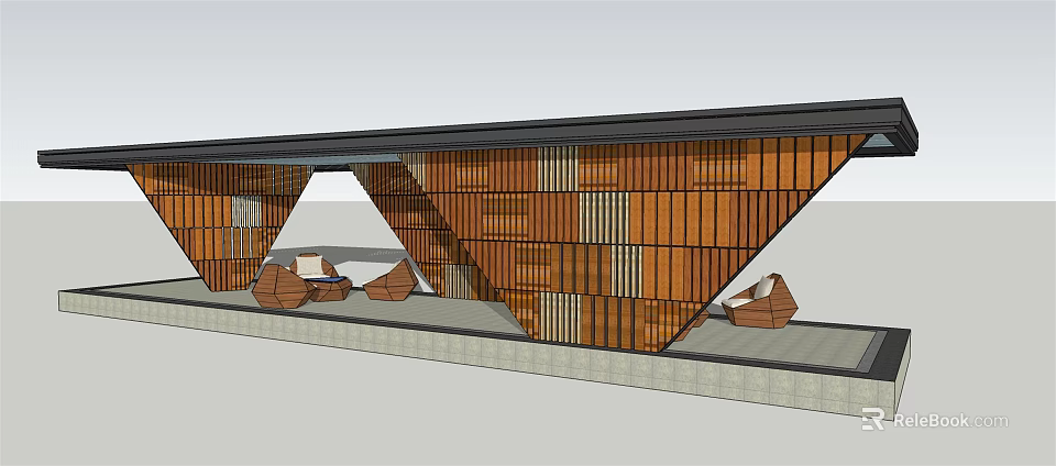 Modern Wooden Pergola With Geometric Support Structure And Outdoor Seating Area 3d model 