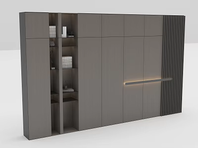 Modern Background Wall Design With Gray Cabinets Open Shelves Decorative Strips And Light Strip 3d model