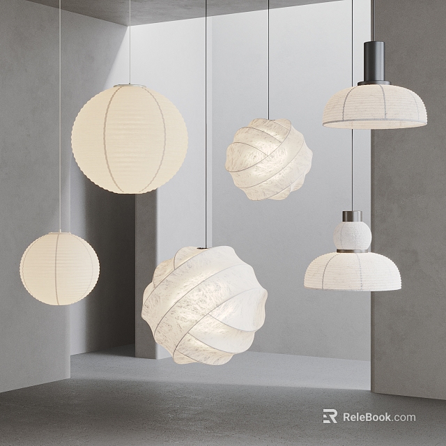 White Pendant Lights With Various Textured Shapes In Modern Minimalist Interior Space 3d model 