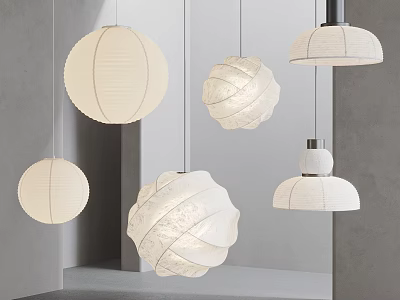 White Pendant Lights With Various Textured Shapes In Modern Minimalist Interior Space 3d model