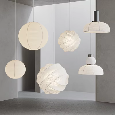 White Pendant Lights With Various Textured Shapes In Modern Minimalist Interior Space 3d model