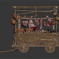 Traditional Wooden Market Cart With Clay Pots Hanging Meat And Bowls