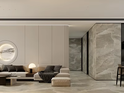 Modern Living Dining Room Interior With Light Sofa Round Artwork Marble Walls 3d model