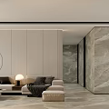 Modern Living Dining Room Interior With Light Sofa Round Artwork Marble Walls