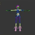 3D Anime Character With Blue Hair Brown Top Purple Pants And Arm Wraps Standing Pose