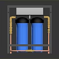 Dual Cartridge Water Filter System With Blue Cartridges Golden Pipes And Black Frame