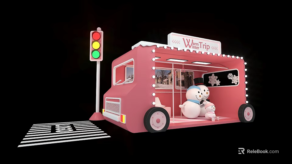 Pink Food Truck With WarmTries Sign Traffic Light And Snowman Teddy Bear 3d model 