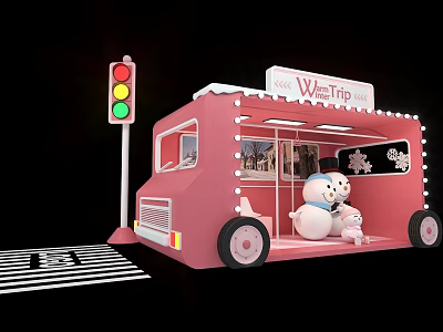 Pink Food Truck With WarmTries Sign Traffic Light And Snowman Teddy Bear 3d model