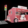 Pink Food Truck With WarmTries Sign Traffic Light And Snowman Teddy Bear