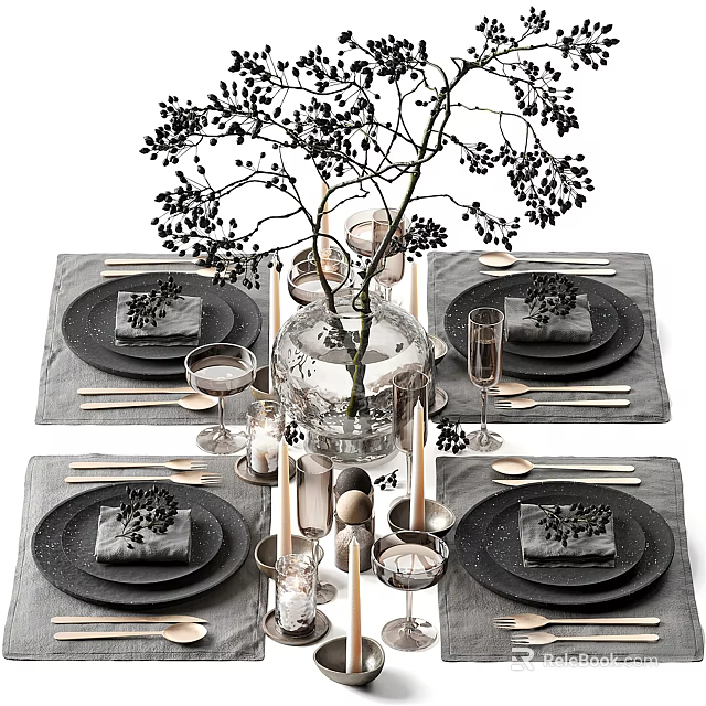 Modern Black Tableware Set Featuring Gray Placemats Wine Glasses Candles And Decorative Branches 3d model 