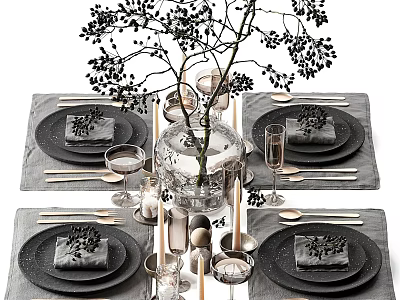 Modern Black Tableware Set Featuring Gray Placemats Wine Glasses Candles And Decorative Branches 3d model