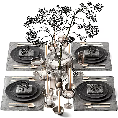 Modern Black Tableware Set Featuring Gray Placemats Wine Glasses Candles And Decorative Branches 3d model