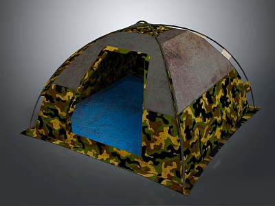 Camo Dome Tent With Blue Sleeping Mat And Weatherproof Fabric Design 3d model