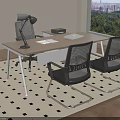 Modern Office Desk With Black Mesh Chairs Lamp And Green Trees Window View