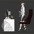 Modern Reception Desk with Marble Top Computer Lamp Green Plant and Black Chair in Office