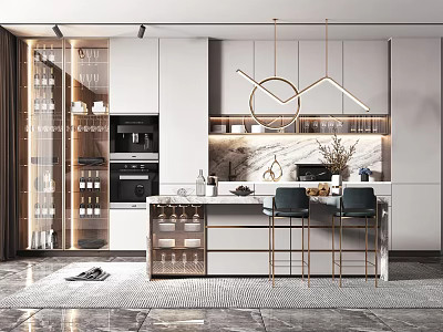 Modern Kitchen Interior With Marble Island Bar Stools Wine Cabinet And Pendant Lights 3d model