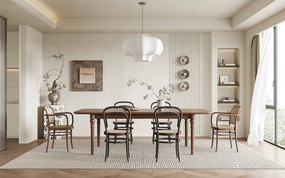Minimalist Dining Room With Wooden Table Chairs White Pendant Light And Wall Decor 3d model 