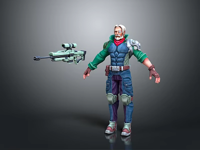 Game Movie Character With White Hair Red Scarf Green Sleeves And Blue Vest Holding Rifle 3d model