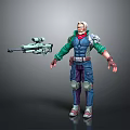 Game Movie Character With White Hair Red Scarf Green Sleeves And Blue Vest Holding Rifle