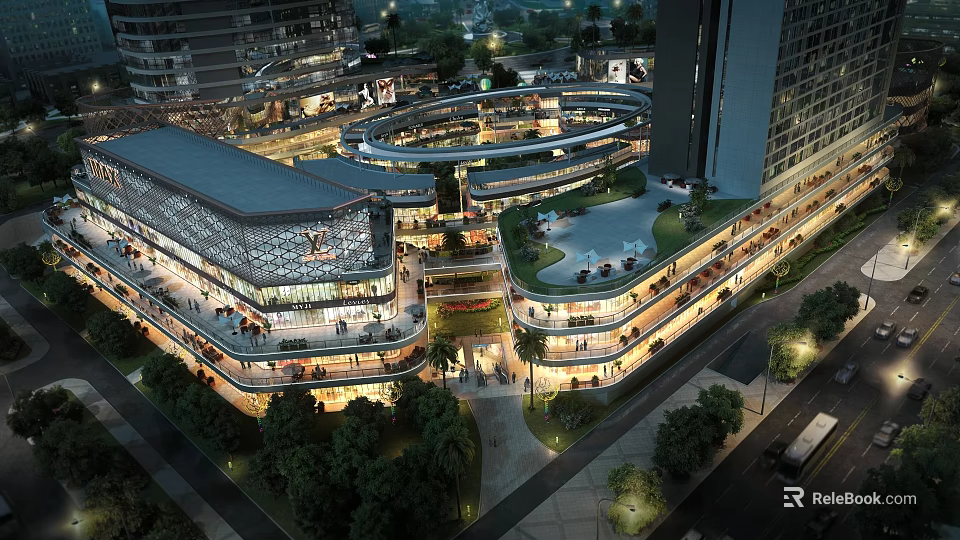 Modern Commercial Street With Multi Level Buildings Greenery Lighting And Pedestrians 3d model 