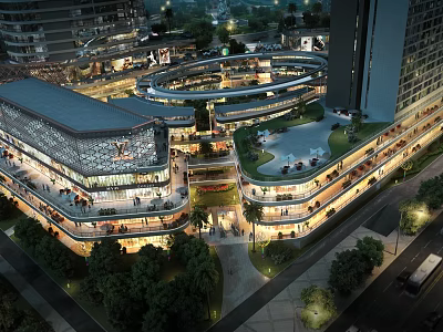 Modern Commercial Street With Multi Level Buildings Greenery Lighting And Pedestrians 3d model