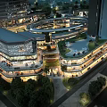 Modern Commercial Street With Multi Level Buildings Greenery Lighting And Pedestrians