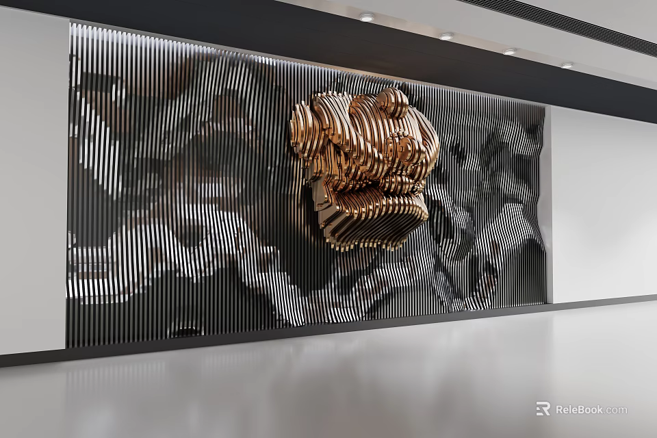 Modern Activity Passageway Design With Black White Striped Wall And Golden Art Sculpture Decor 3d model 