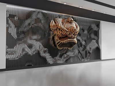 Modern Activity Passageway Design With Black White Striped Wall And Golden Art Sculpture Decor 3d model
