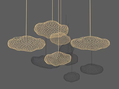Cloud Shaped Chandeliers with Mesh Design Golden Hanging Wires and Layered Sizes 3d model