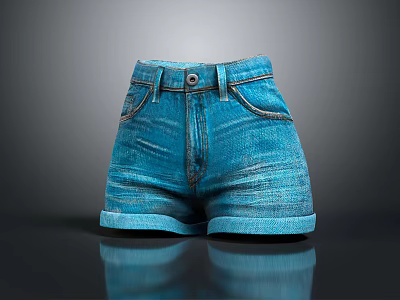 Blue Denim Shorts With Cuffed Hem Front Pockets And Button Closure 3d model