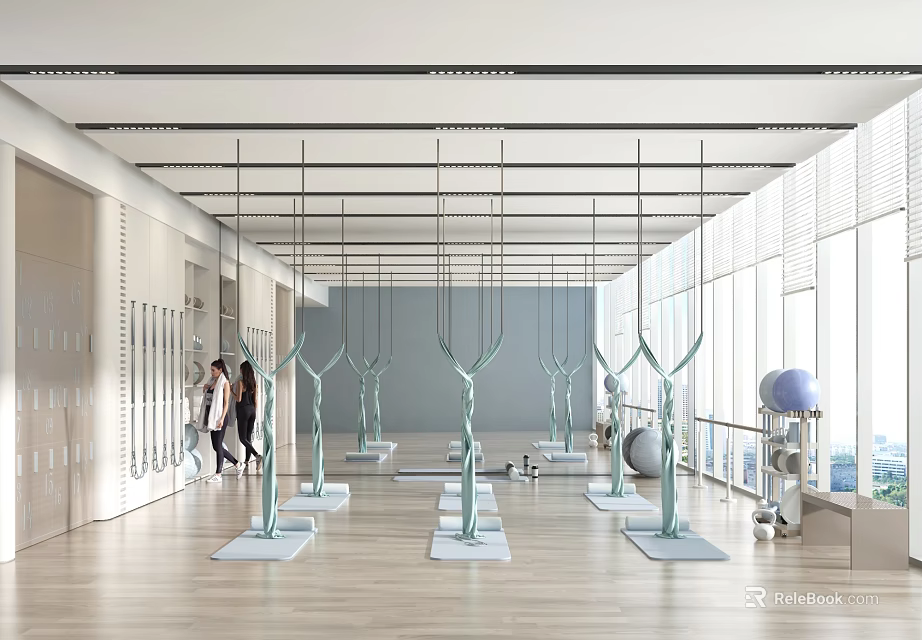 Modern Fitness Studio With Suspension Equipment And Yoga Mats 3d model 