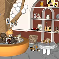 Various Stuffed Dolls Collection Arranged On Round Platform And Display Shelves With Toy Cars