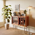 Modern Wooden Sideboard With Glass Doors Coffee Machine And Potted Plant In Living Room