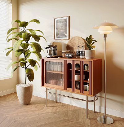 Modern Wooden Sideboard With Glass Doors Coffee Machine And Potted Plant In Living Room 3d model