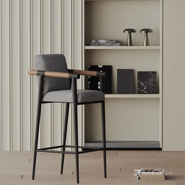 Modern Bar Stool With Gray Upholstery Wooden Armrests And Black Metal Legs In Home Interior 3d model 