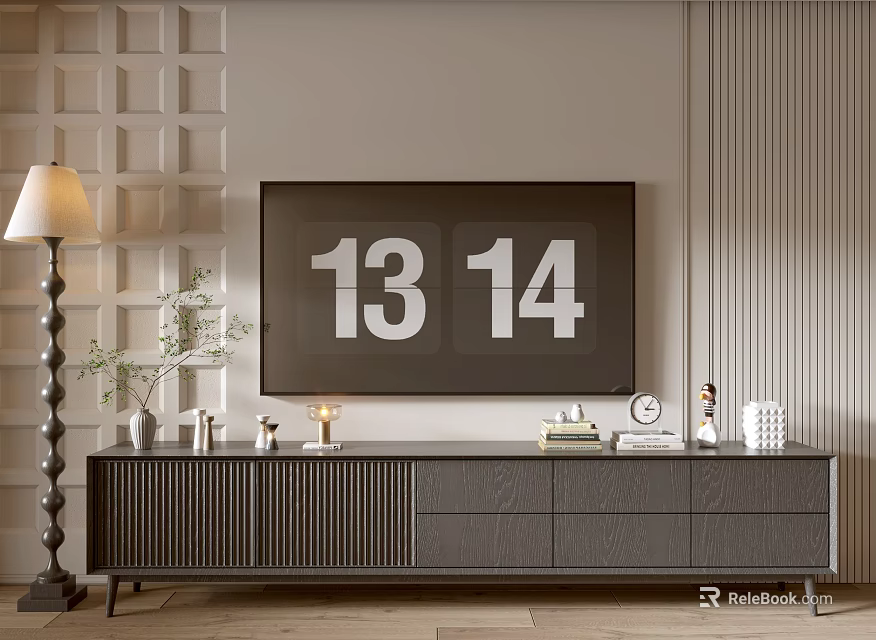 Modern Dark Wood TV Stand With Drawers Cabinets And Decorative Items Near Floor Lamp 3d model 