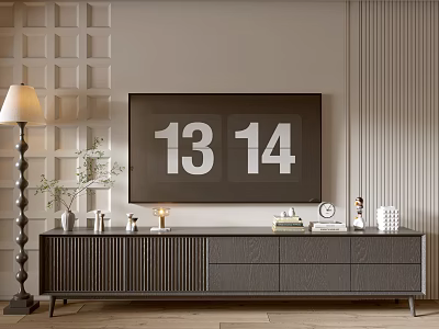 Modern Dark Wood TV Stand With Drawers Cabinets And Decorative Items Near Floor Lamp 3d model