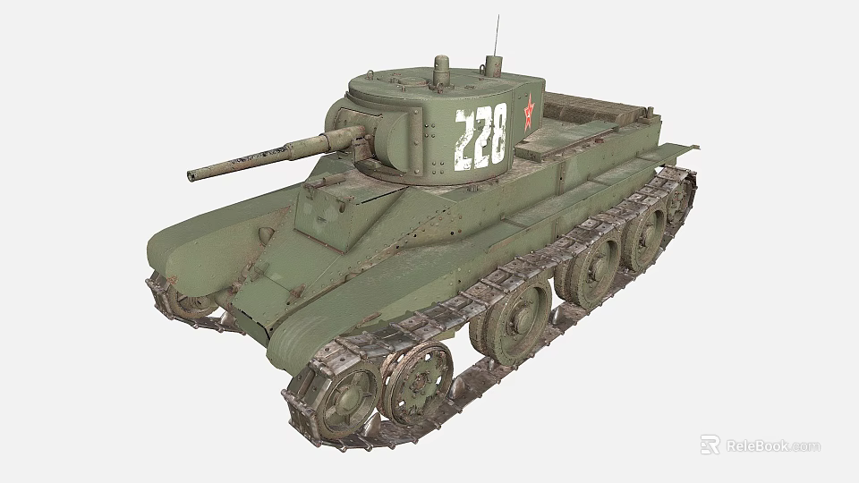 Green Military Tank With 228 Number On Turret And Metal Tracks 3d model 