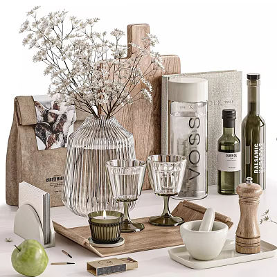 Elegant Home Decor Items With Transparent Vase Glass Cups Olive Oil Bottle And Wooden Tray 3d model