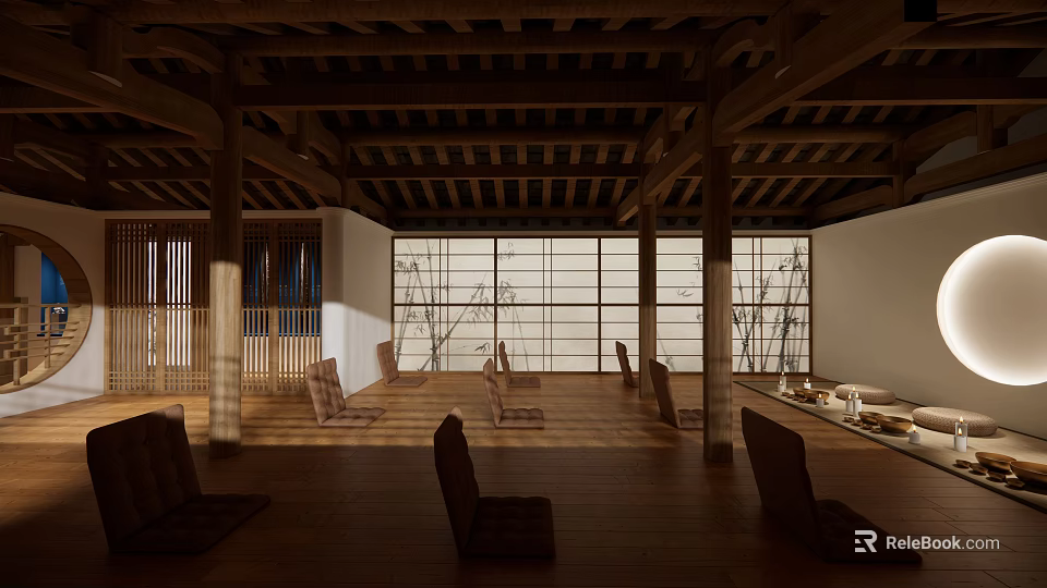 Traditional Japanese Clubhouse Interior With Wooden Sliding Doors Bamboo Decor And Tatami Seats 3d model 