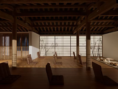 Traditional Japanese Clubhouse Interior With Wooden Sliding Doors Bamboo Decor And Tatami Seats 3d model