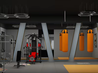 Modern Fitness Gym Interior With Strength Training Equipment And Hanging Orange Punching Bags 3d model