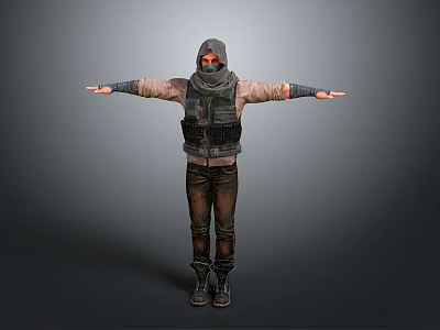 A Man In Hoodie With Mask Tactical Vest Brown Pants Black Boots Arms Outstretched 3d model