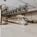 Spacious Modern Restaurant Interior With Neat Tables Buffet Counter Wall Painting Bright Lighting And Ceiling Plants