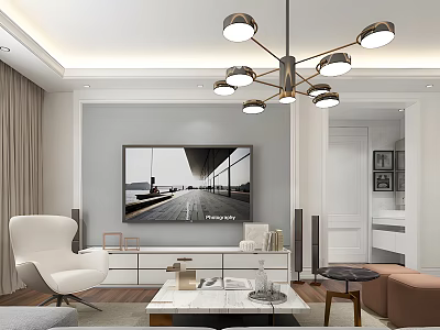 Modern Living and Dining Area Interior With Brass Chandelier TV Wall White Armchair And Coffee Table 3d model