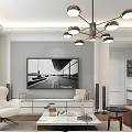 Modern Living and Dining Area Interior With Brass Chandelier TV Wall White Armchair And Coffee Table