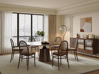 Elegant Dining Table Set With Wooden Chairs Neutral Rug Sideboard And Wall Decor 3d model