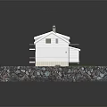 Two Story Detached Villa With Red Roof White Exterior And Green Lawn Driveway