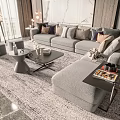 Elegant Modern Sofa And Coffee Table Set With Decorative Cushions Side Table On Gray Rug 3d model