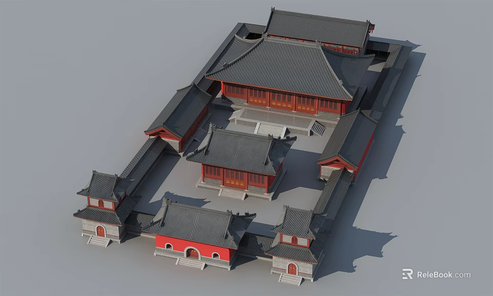 Ancient Chinese Architecture Complex With Traditional Roofs Red Walls And Courtyard Layout 3d model 